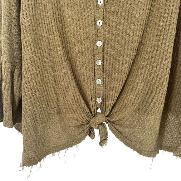 Waffle Knit Top Green Oversized Relaxed Fit Knot Front V Neck Size S MTS Brand - Picture 5 of 8